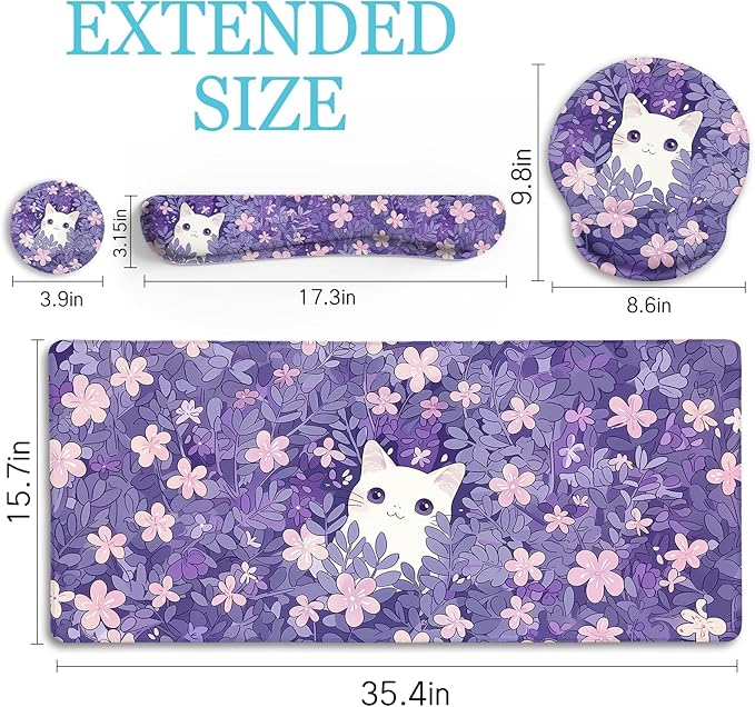 Purple Mouse Pad Large Desk Mat Set, Kawaii Cat Computer Mouse Pad with Wrist Rest Keyboard Wrist Support XXL Mousepad Cup Coaster Set, Cute Purple Office Desk Accessories Cat Decor Supplies