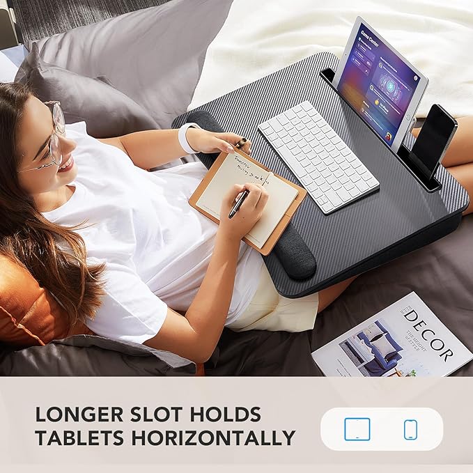 HUANUO Lap Laptop Desk - Portable Lap Desk with Cushion, Fits up to 17 inch Laptop, with Anti-Slip Strip & Storage Function for Home Office Students Use as Computer Laptop Stand - Black, HNLD28B