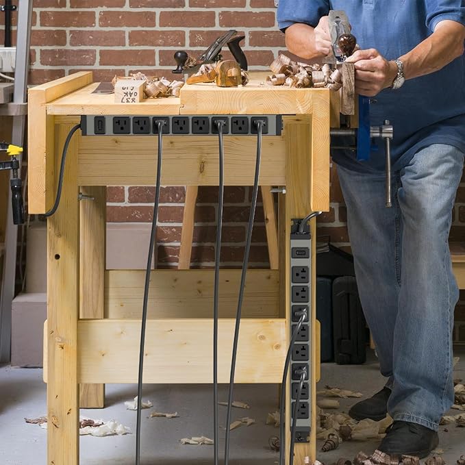 JUNNUJ Heavy Duty Power Strip Wall Mount, 20 Amp Surge Protector 1200J Metal 8 Outlet Under Desk Mounted 20A, Garage Power Bar Table Socket Industrial Outlets 6-20R T-Slot, 15FT 12AWG Extension Cord