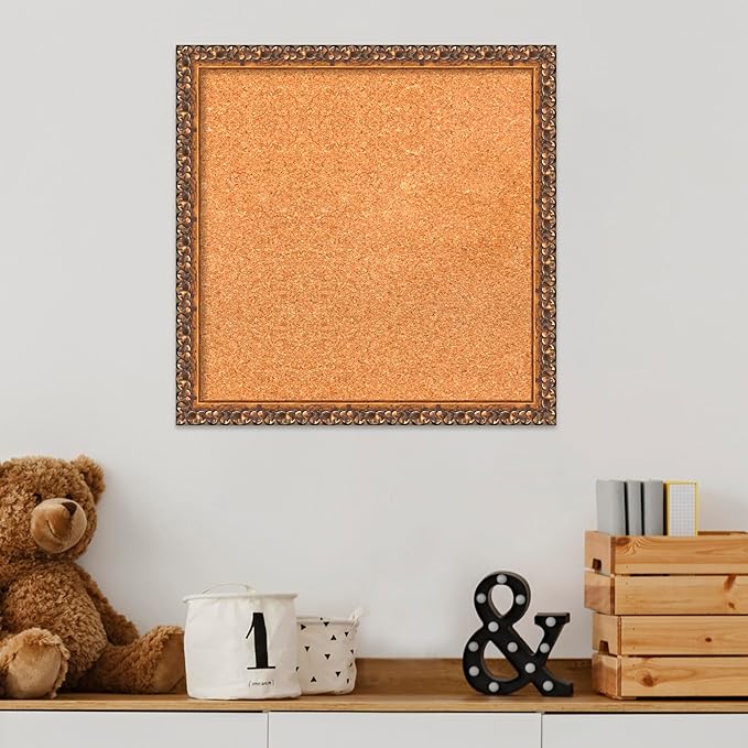 Amanti Art Natural Cork Board for Wall, 18x18 Vision Board with Bronze Frame, Small Corkboard Office Decor for Home Organization, Traditional Corkboard Pinboard to Display Items for Home Organization