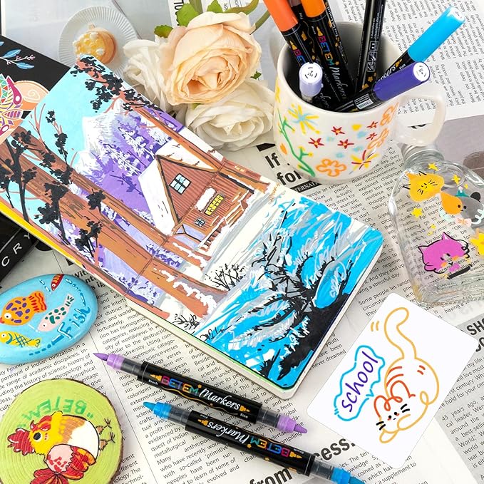 Betem Acrylic Paint Markers Paint Pens, 24 Colors Dual Tip Direct Liquid Acrylic Markers with Automatic Ink Control System, Fine & Brush Tip Art Supplies for Rocks, Wood, Stone, Fabrics, DIY Craft