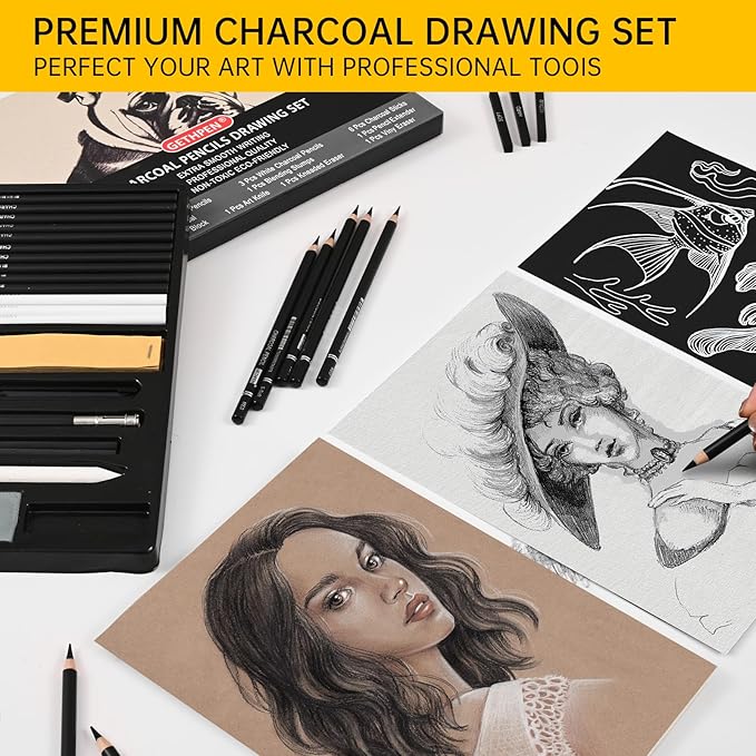 27 Piece Charcoal Drawing Set - Professional Black & White Charcoal Pencils for Sketching, Shading & Blending, Graphite Sticks with Artist Art Supplies Kit (Beginners & Professionals)