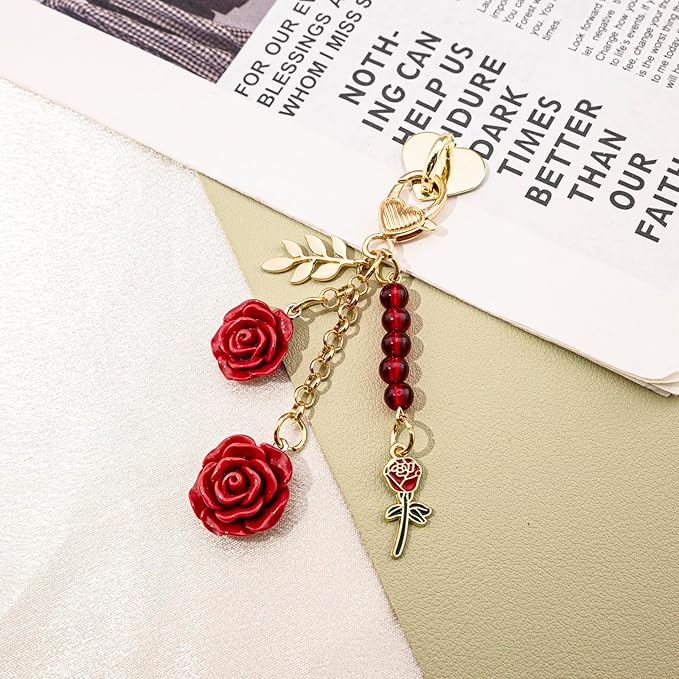 Rose Purse Charms Cute Flower Keychain With Heart Sticker Charm Chain For Kindle Colorful Bag Charms For Handbags
