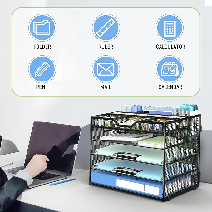 Docnest 5 Tier Mesh Desk Organizer- Letter Tray with Adjustable Compartments, Mesh Desktop Storage Built in Pen Holder and Handles, Desk Organizer Tray for Mail Documents Office Supplies-Black