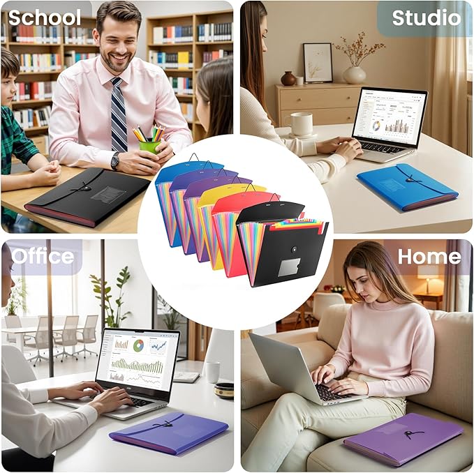 6 Pack Accordion File Organizer with Labels, 13 Pocket Expanding File Folder for Letter Size A4 Papers, Ideal for Home, Office Supplies, College Essentials