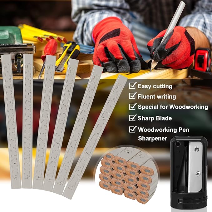 Honoson 200 Pcs Flat Construction Pencils with Printed Ruler Wood Graphite 2 Pcs Carpenter Pencil Sharpener for Woodworking Marking Tool(White)