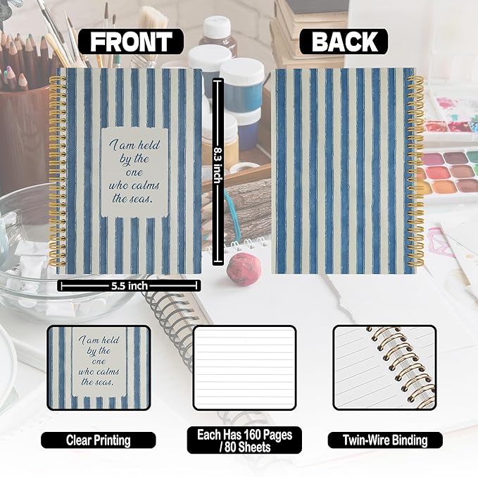 XPH Coastal Christian Spiral Notebook, Bible Verse Journaling Notebooks for Prayer, Blue Striped Religious Hardcover Journal for Writing 160 Pages 5.5 x 8.3 Inch, Christian Gifts for Women Men