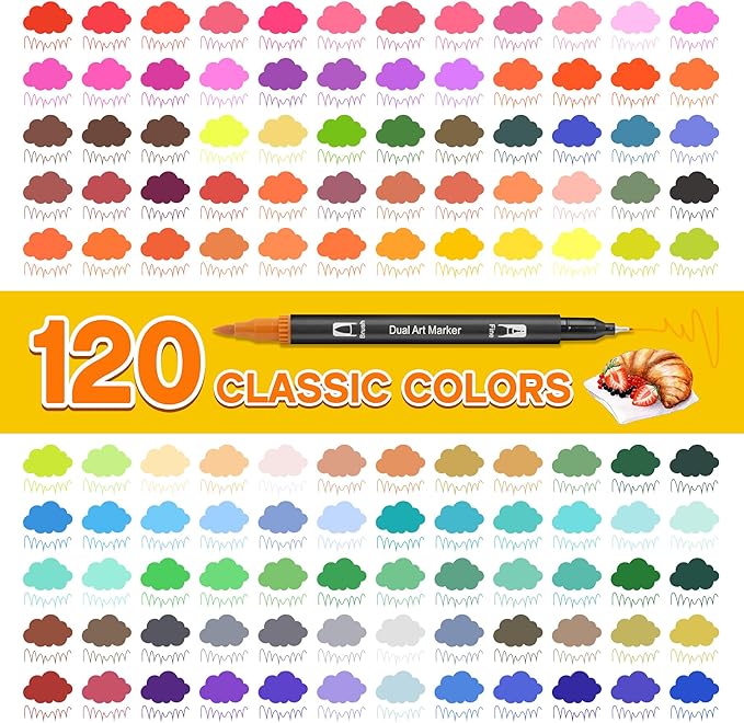 Art Markers Pens Brush Tip - 120 Color Dual Brush Pen and Fine Tip Marker for Coloring Drawing Journaling Lettering - Markers for Adults Kids Coloring Books No Bleeding Art Supplies Set