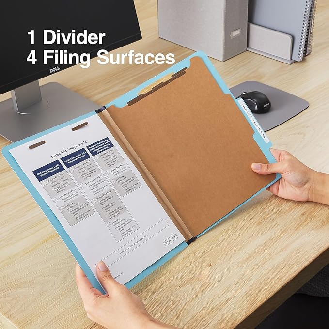 Staples 614424 Pressboard Classification Folders 2/5 Top Tab LTR 1 Div Lt Blue 20/Bx