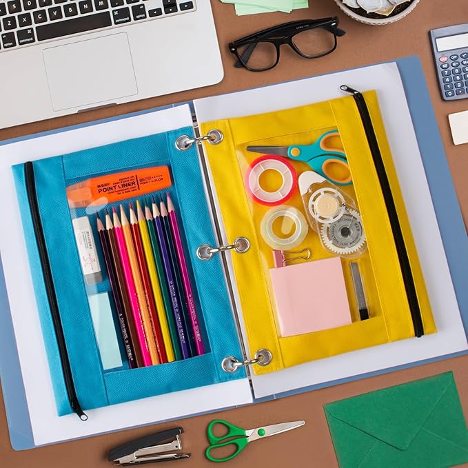 Pencil Pouch for 3 Ring Binder, 48 Pack Pencil Pouches with Zipper & Clear Window - 6 Assorted Color, Pencil Case Bulk for 3-Holes Binder, Multi-Purpose Storage Bag for Office, School Supplies (48)