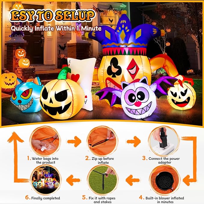 5FT Halloween Inflatable Decorations, Halloween Blow Up Indoor Outdoor Inflatable Pumpkin, Clown, Cat & Bat with LED Lights, Outdoor Halloween Decor for Yard Garden Lawn Holiday Party