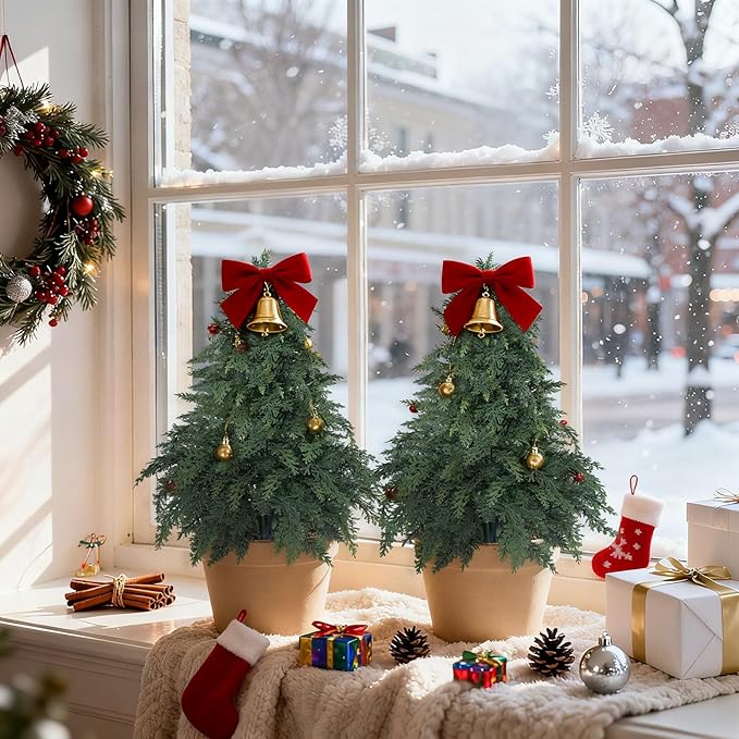 Artificial 26" Cypress Topiary Cedar Trees with Ground Spike, 2 Pieces Fake Pine Shrubs Bushes, UV Resistant Faux Evergreen Tree Plants for Indoor Outdoor Planters Front Porch Christmas