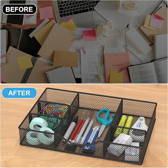 Desk Drawer Organizer Tray, Metal Mesh Drawer Organizers Office, 6 Adjustable Compartment, Desk Organizer Tray for Home Office 12 x 8.26 x 1.96 inch, Black, 1 Pack