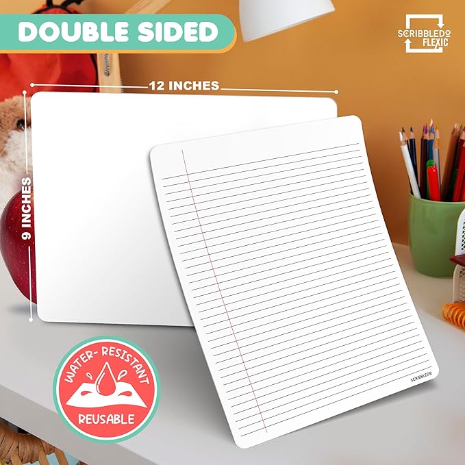 Scribbledo College Ruled Lined White Board Sheets for Students 9”x12” Dry Erase Board with Lines Sheets Ruled Writing Whiteboard Sheets Homeschool Supplies Teacher Classroom Pack of 10