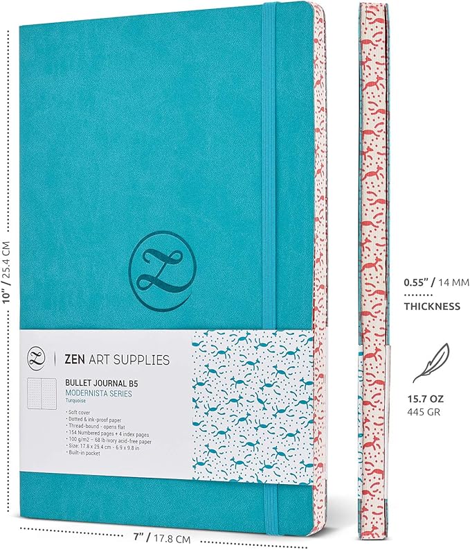 ZenART Supplies A5 Dotted Journal - Enjoy Bullet Journaling with a Soft Cover, Non-Bleed Thick 120gsm Paper with Japanese Edge Motif - Turquoise Faux Leather Lay Flat Dot Notebook