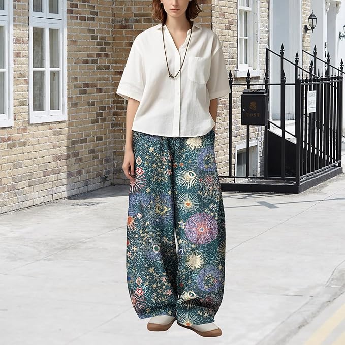 Zaswen Women's Oversize Loose Fit Breathable Pants Wide Leg Lounge Pants Fashion Casual Fireworks Print Trousers with Pockets