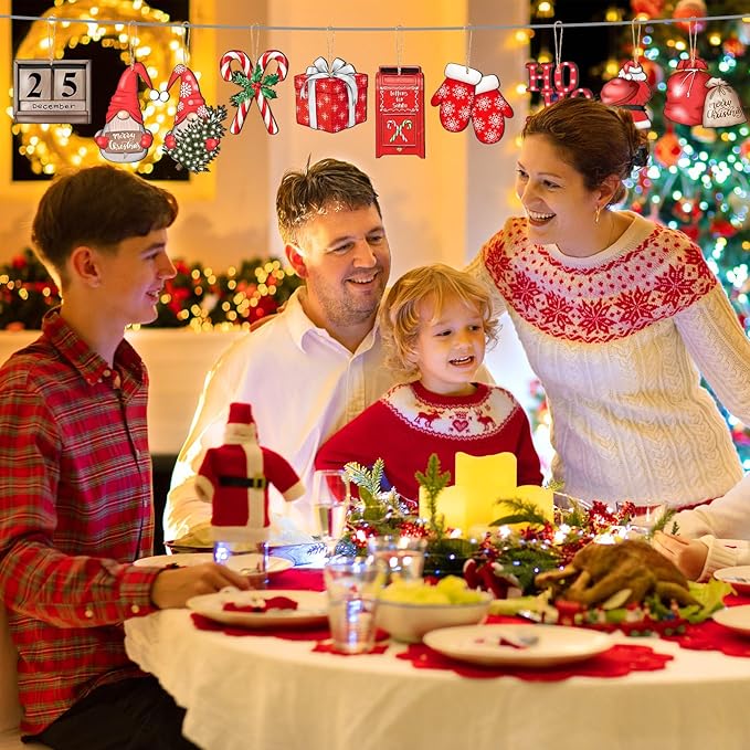 Huwena 36 Pcs Christmas Wooden Ornaments Red Christmas Decorations for Tree Snowman Gnomes Poinsettia Flowers Truck Wreath Wood Cutouts Tags with Ropes Winter Decor for Xmas Tree Gifts