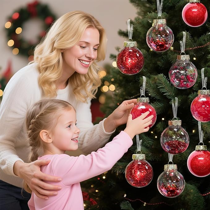 DeckTheHalls Christmas Ball Ornaments Set, 16-Piece Clear Plastic Decor for Crafts, Reusable DIY Festive Tree Decorations, Easy Hang Unbreakable Ornaments for Holiday, Party, Wedding (Red)
