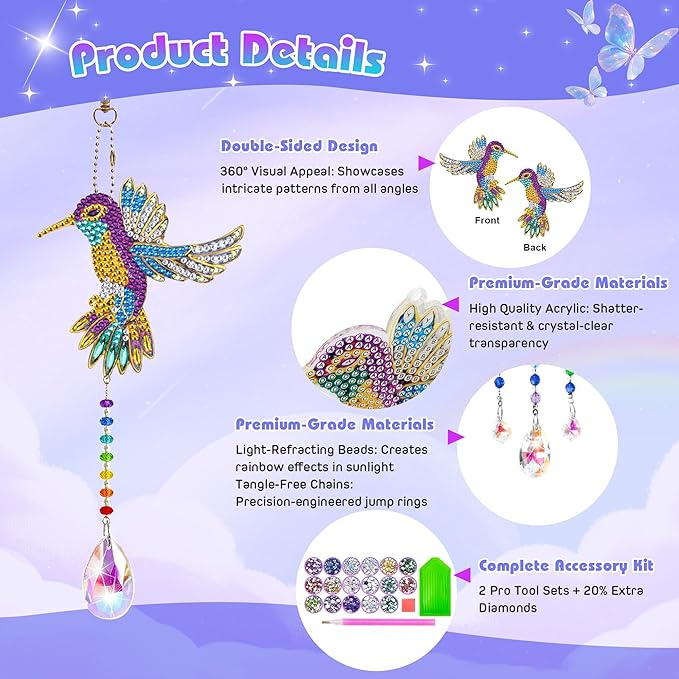 5Pcs Diamond art Kits for Kids/Adults, Crafts for Kids Ages 8-12, DIY Diamond Painting art Wind Chimes Crystal Window Suncatcher Craft, Birthday Gifts for 7 8 9 10 11 Year Old Girls, Home Garden Decor