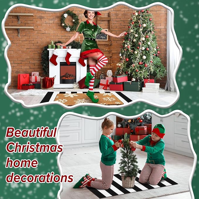 2 Pcs Christmas Door Mat Outdoor Winter Snowflake Nature Coir Welcome Outdoor Rug Black White Stripe Winter Christmas Front Porch Rugs Non Slip Floor Mats Indoor Entrance Decor
