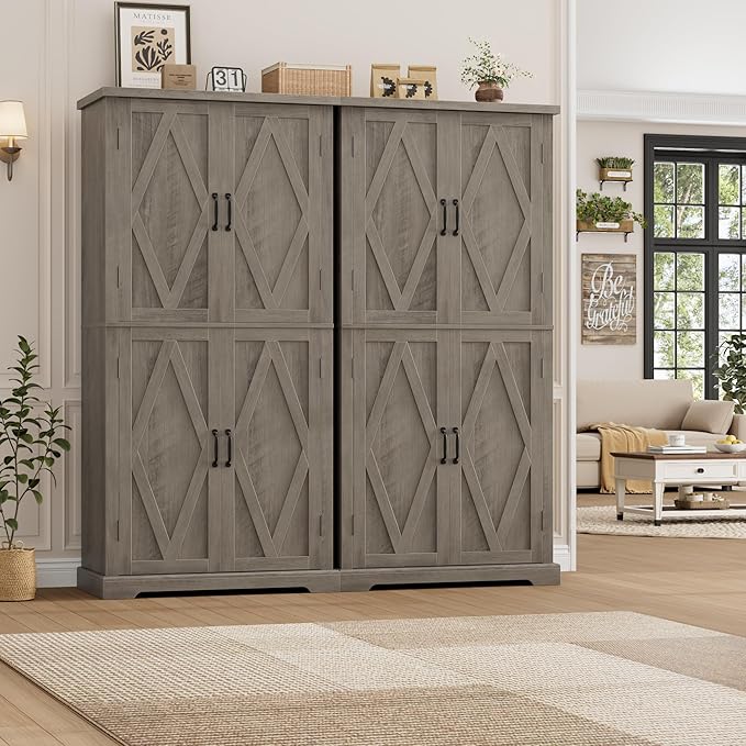 HOSTACK 64" Tall Pantry Cabinet, Modern Farmhouse Kitchen Pantry, Wood Bathroom Storage Cabinet, Large Bookcase, 4 Doors|Adjustable Shelves, for Dining Room, Living Room, Home Office, Ash Grey