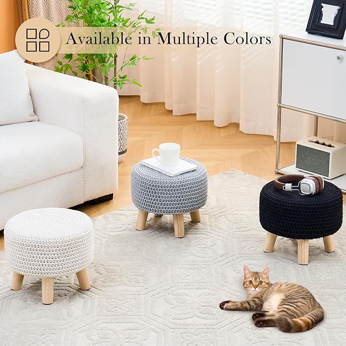 Boho Ottoman Foot Stool Cotton Knitted Round Pouf Ottoman Foot Rest Stool with Non-Skid Wooden Legs Step Stool Padded Seat for Living Room Black