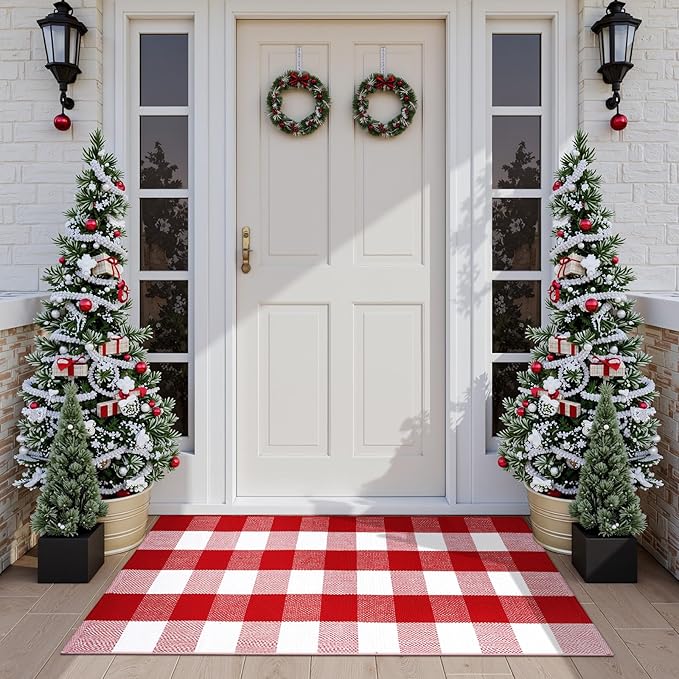 KIMODE Christmas Buffalo Plaid Outdoor Rug 24"x51", Red and White Porch Rug, Washable Reversible Outdoor Christmas Decor, Farmhouse Door Mats Outside for Front Porch Entryway Kitchen Bedroom