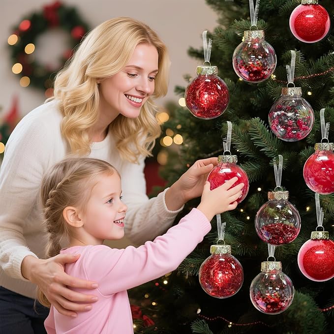 DeckTheHalls Christmas Ball Ornaments Set, 32-Piece Clear Plastic Decor for Crafts, Reusable DIY Festive Tree Decorations, Easy Hang Unbreakable Ornaments for Holiday, Party, Wedding (Red)