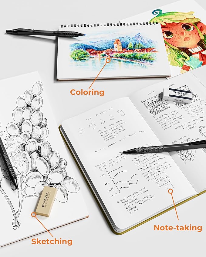 Metal Mechanical Pencil Set in Leather Case, 5PCS Art Drafting Pencil 0.3, 0.5, 0.7, 0.9 & 2mm Lead Holder, 9 Tube (4B 2B HB 2H Colors) Lead Refills for Drawing, Sketching, Writing (Black)