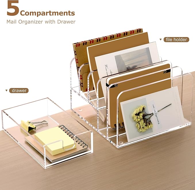 SANRUI Acrylic Mail Sorter Desktop Organizer Holder with Drawer, 5 Compartments Clear Small File Script Letter Document Storage for Desk Bill Filling Envelope Holder Office, Home, School Organization