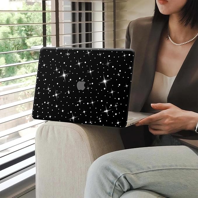KEROM Glitter Case for MacBook Air 13 inch 2025-2022 M4 M3 M2 A3240 A3113 A2681, Luxury Bedazzled Shiny Bling Sparkle Textured PU Leather Hard Shell & Keyboard Cover for Mac Air 13.6 inch Case, Black