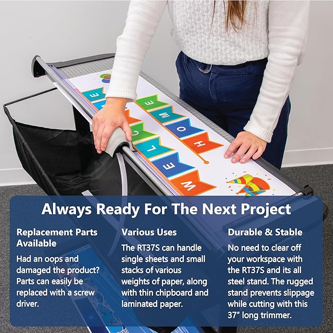 United Office Products RT37S Commercial Rotary Paper Trimmer with Stand and Fabric Catch Tray, Sturdy Metal Base, 38" Cut Length, 10 Sheet Capacity, Paper Cutter for Offices, Schools and Crafts