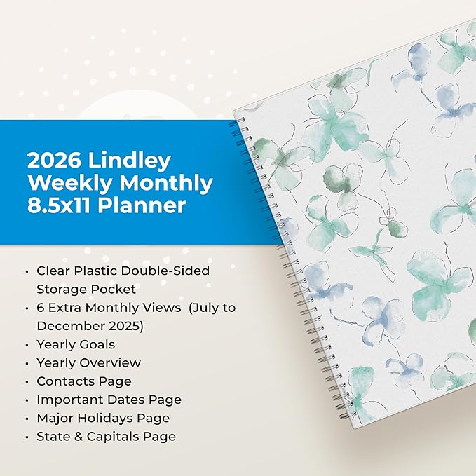 Blue Sky 2026 Weekly and Monthly Planner Calendar, January 2026 - December 2026, 8.5" x 11", Flexible Cover, Laminated Tabs, Durable Twin Wire Binding, Storage Pocket, Lindley