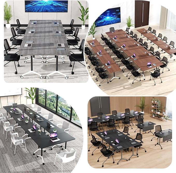 Conference Room Table, Folding Conference Tables,Thicken Grey Tabletop,Flip Top Wooden Seminar Meeting Room Table for Conference Room Offices (6, BlackWoodGrain, 55.1”)