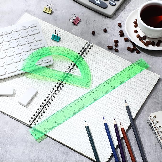 Zonon 2 Pack 12'' Plastic Ruler and 6'' Plastic Protractor Set Clear Ruler Protractor Set Math Geometry Supplies for School Classroom Home Office Drawing(Green)