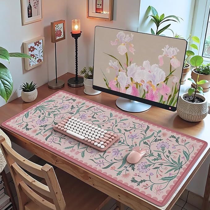 HAOCOO Pink Desk Mat, Aesthetic Flower Mouse Pad, 35.4" x 15.7" Computer Mat, Keyboard Pad Dorm Decor, Non-Slip Mouse Pad for Laptop with Stitched Edges, Home Office Desk Protector