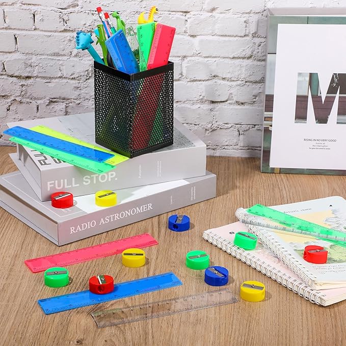 100 Pcs Plastic Rulers and 100 Pcs Mini Round Manual Pencil Sharpener Bulk, 4 Assorted Colors Pocket Sized Pencil Sharpeners Colorful Straight Ruler Back to School Supplies for Kids (Classic,6 Inch)