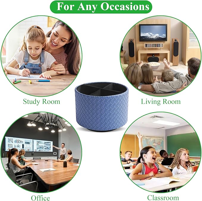 Hennaja Round Leather Art Supply Organizer,Remote Control Holder,360 Degree Spinning,Multi-Functional Pencil Holder,4 Compartments Desktop Stationary Organizer(1-Weave Blue)