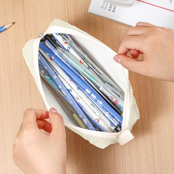 Pencil Bag Pen Case, Soft Corduroy Small Pencil Pouch Organizer with Zipper, Cute Pencil Case Pouch Stationery for Girls and Boys – White