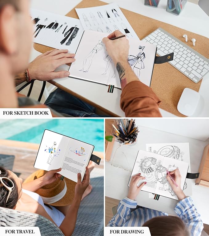 Blank Journal Notebook, A5 Hardcover Leather Sketchbook with 200 Pages Thick Blank Paper for Men Women, Unlined Drawing & Writing Journal, 5.9" x 8.4" Plain Notebook (black)