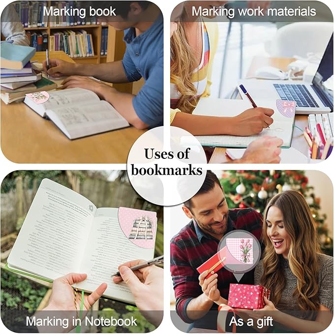 Pink Bow Leather Bookmarks, 4pcs Cute Bows Book Marks, Corner Page Book Marks, Reading Gifts for Women, Teachers, Students, Reading Lovers, Office (Tulips Floral Book Butterfly)