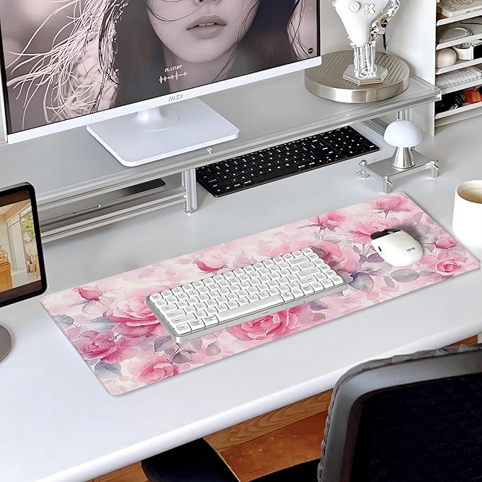 31.5”x11.8”Large Gaming Mouse Pad for Desk, Mouse Mat with Seamed Edges, Waterproof Desk Pad, Non-Slip Rubber Base, Keyboard Pad Computer Mat, Big XL Mousepad-Pink Roses Watercolor