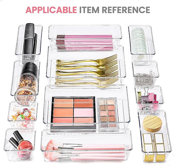 HOUSE DAY Makeup Drawer Organizer Trays 17 PCS, 4-Size Clear Drawer Organizers with Silicone Pads, Vanity Organizers and Storage, Non Slip Plastic Drawer Organizer for Desk, Bathroom, Kitchen, Office