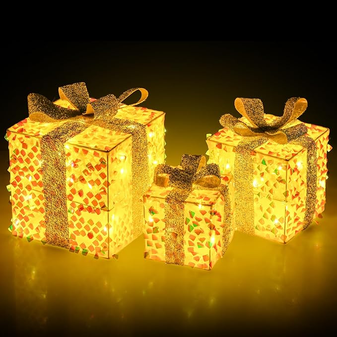 Tangkula Set of 3 Christmas Lighted Gift Boxes, Pre-lit 90 LED Light Up Present Box Decorations with Bows and Plug, Indoor Outdoor Xmas Boxes for Christmas Tree, Holiday Party Decorations