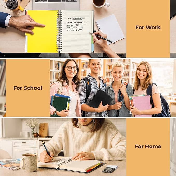 Hardcover Leather Lined Spiral Notebook 8x10" with Removable Dividers - Pink - 300 Pages 5 Subject College Ruled Notebook for Work with Tabs, Pockets, and Pen Loop for Note Taking, Large Journal