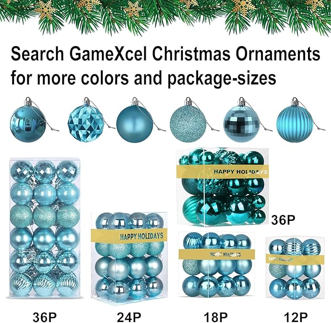 Baby Blue Christmas Ornaments - Christmas Tree Decorations Shatterproof Hanging Balls for Birthday Wedding Holiday Decor Set of 36pcs, Multi-Sizes(1.6",2.5",3.2")