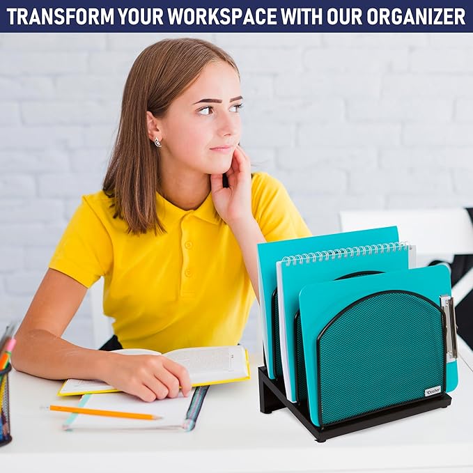 Dasher Products Inclined File Sorter Desk Organizer - File Rack with 5 Upright Sections for Documents, Binders, Folders, Clipboards, and More. Desktop Organization for Home, Office, School, and Store
