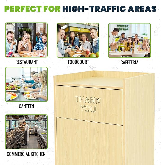 Alpine Restaurant Trash Can Cabinet with Tray Holder - Thank You Trash Can, Commercial 40 Gallon Garbage Can Cabinet for Restaurants, Cafeterias (Oak)