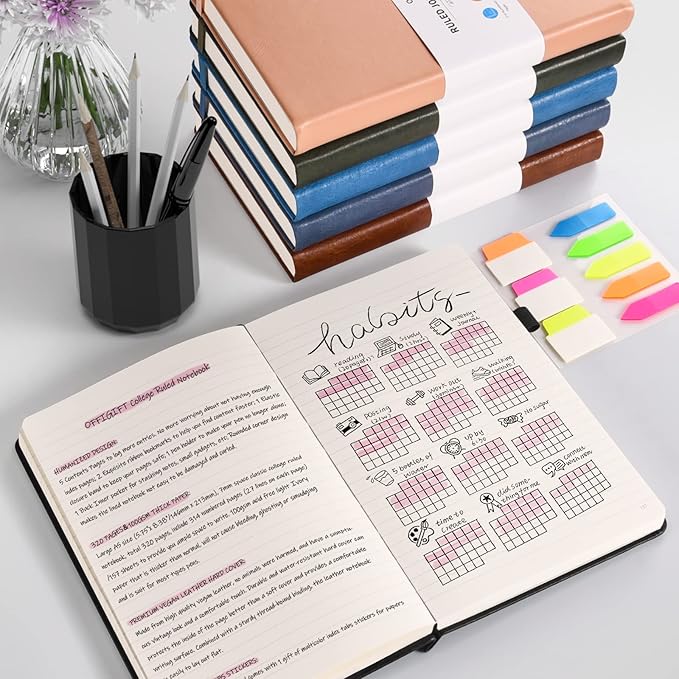 5 Pack College Ruled Notebook, 312 Numbered Pages Thick Notebooks Bulk, 100gsm No Bleed Paper Hardcover Leather Journal, Lined Journal Notebook Set for Women Men School Office, A5, Green