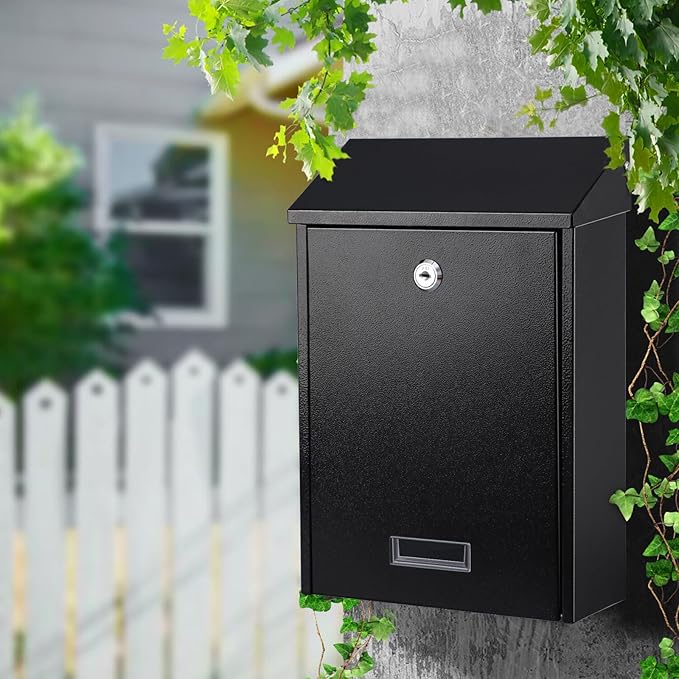 xydled Mail Boxes with Key Lock,Locking Mailbox Wall Mounted,Large Capacity,Steel Cover Metal Postbox for House, Black, 12.34''x8.5''x3''